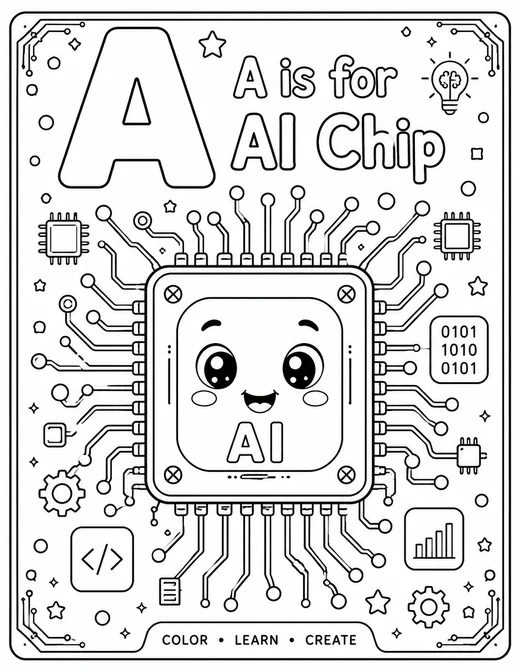 A is for AI Chip circuit-board technology coloring page