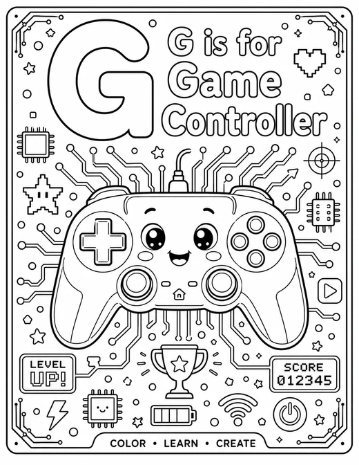 G is for Game Controller circuit-board technology coloring page