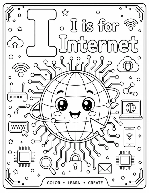 I is for Internet circuit-board technology coloring page