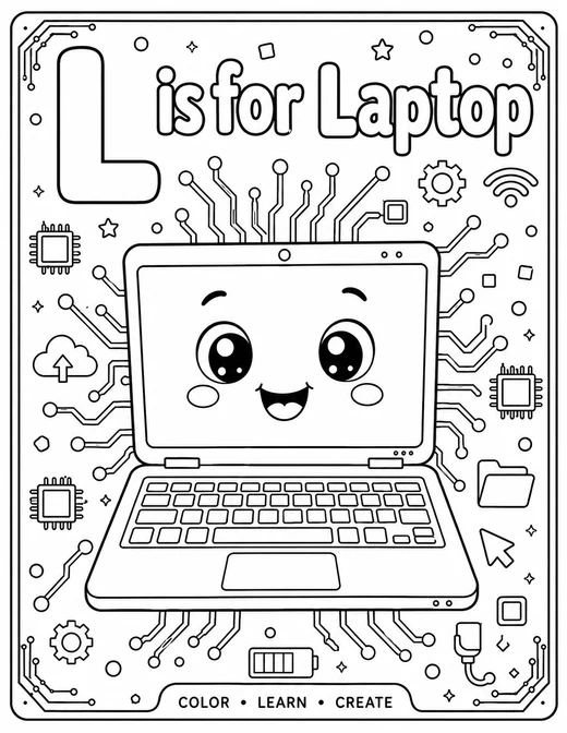 L is for Laptop circuit-board technology coloring page