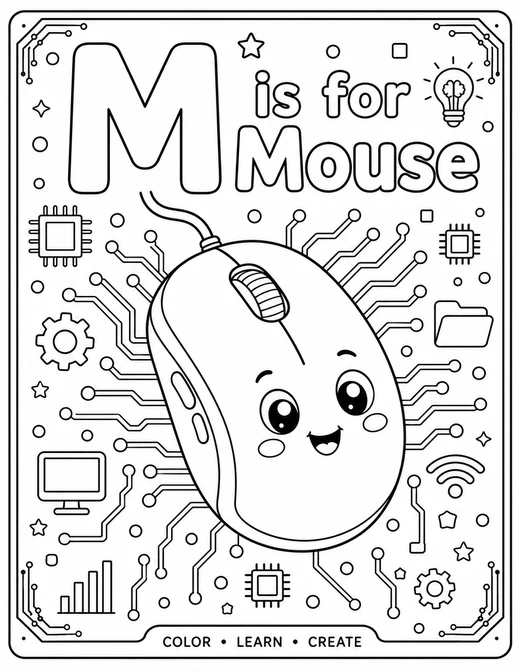 M is for Mouse circuit-board technology coloring page