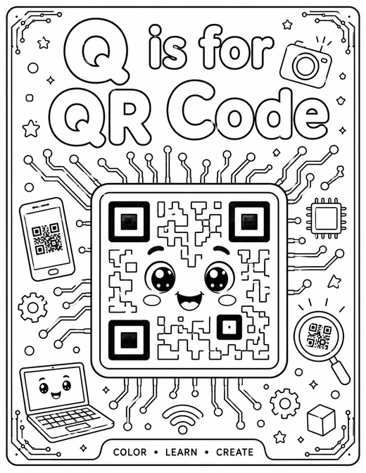 Q is for QR Code circuit-board technology coloring page