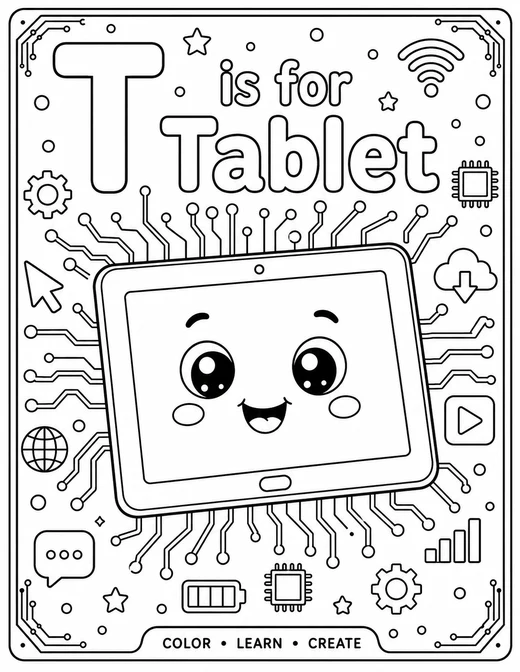 T is for Tablet circuit-board technology coloring page