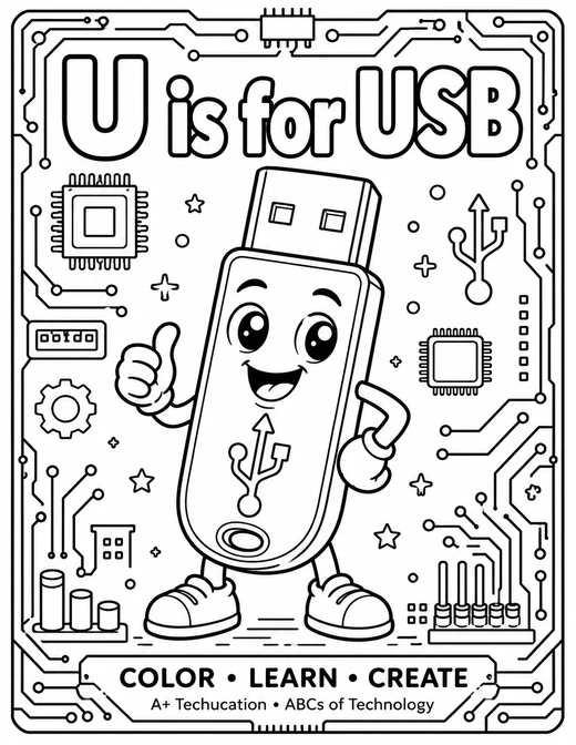 U is for USB circuit-board technology coloring page