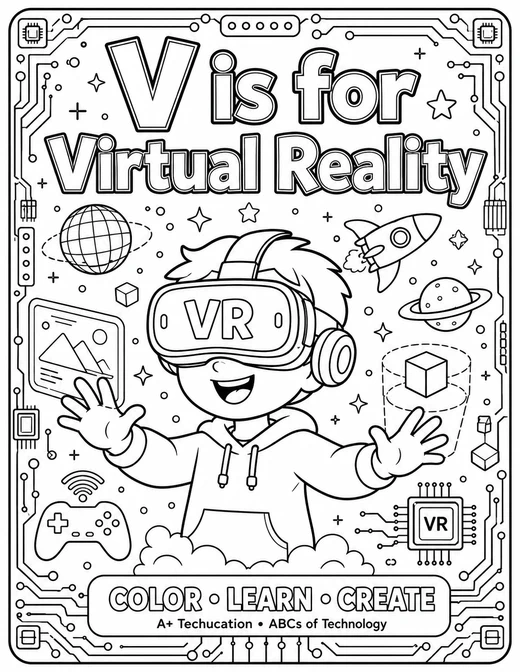 V is for Virtual Reality circuit-board technology coloring page